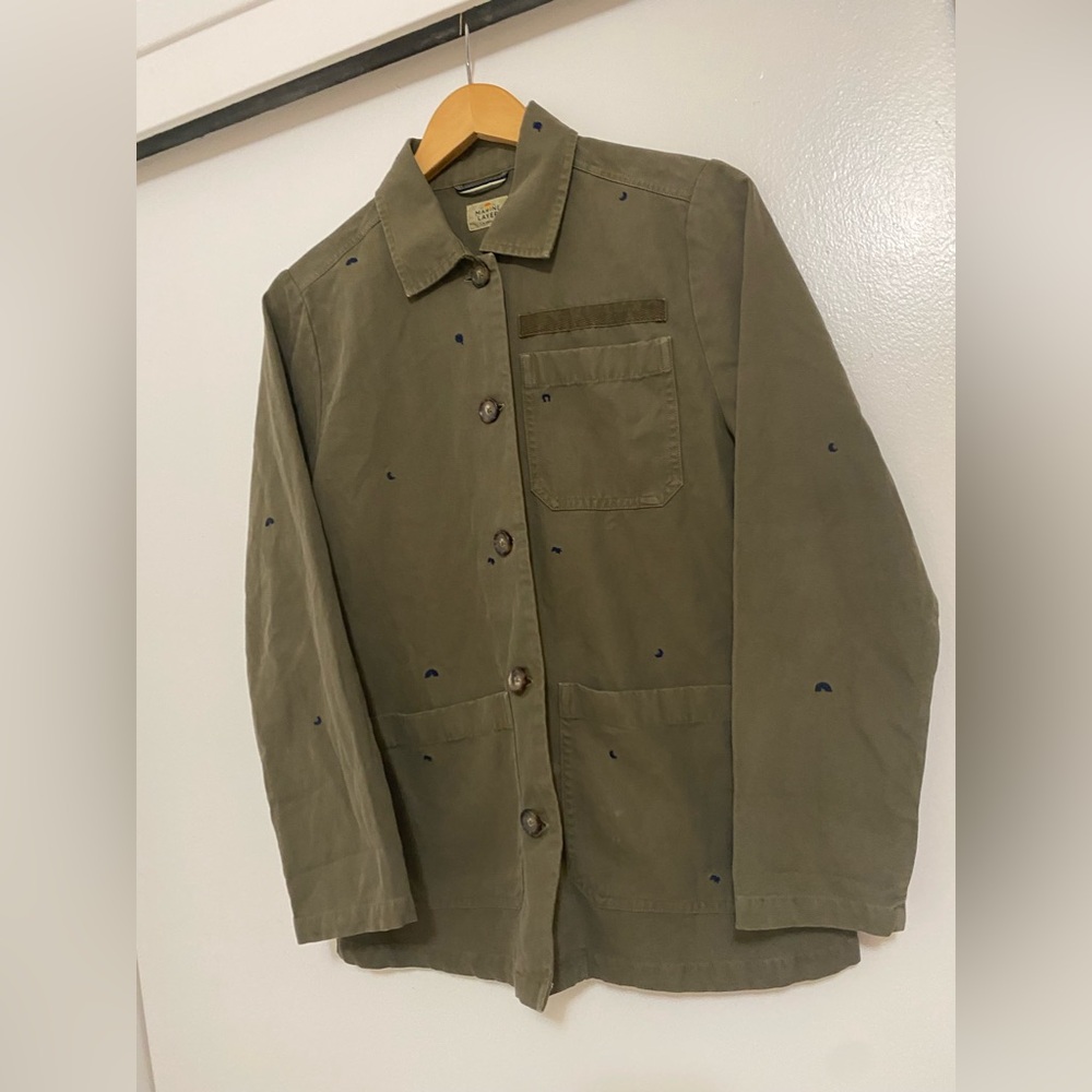 Marine Layer Chore Coat Organic Cotton Olive Embroidered Trucker Jacket - Picture 8 of 12